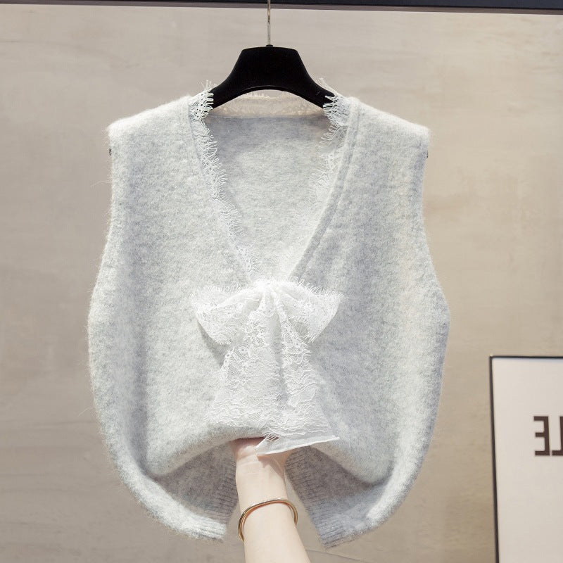 Lace Bow Knit Vest for Women, Soft and Loose V-Neck Sleeveless Sweater