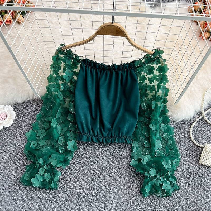 Top Off Shoulder Flores 3D Chifón Malla Mujer