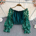 Top Off Shoulder Flores 3D Chifón Malla Mujer