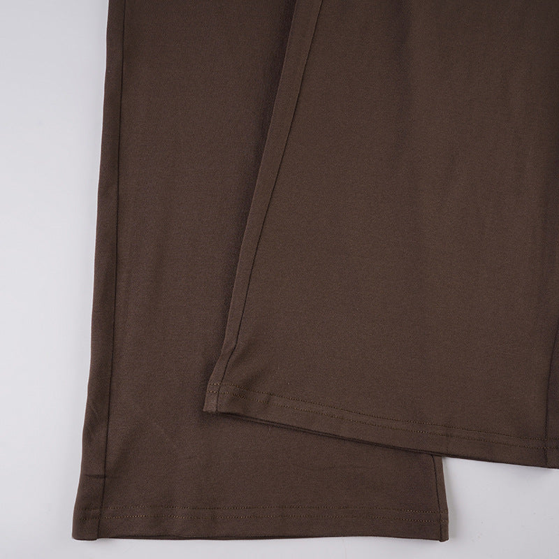 Pantalón Largo Acampanado Liso Cordón Talle Bajo Holgado Estilizador Marrón Mujer