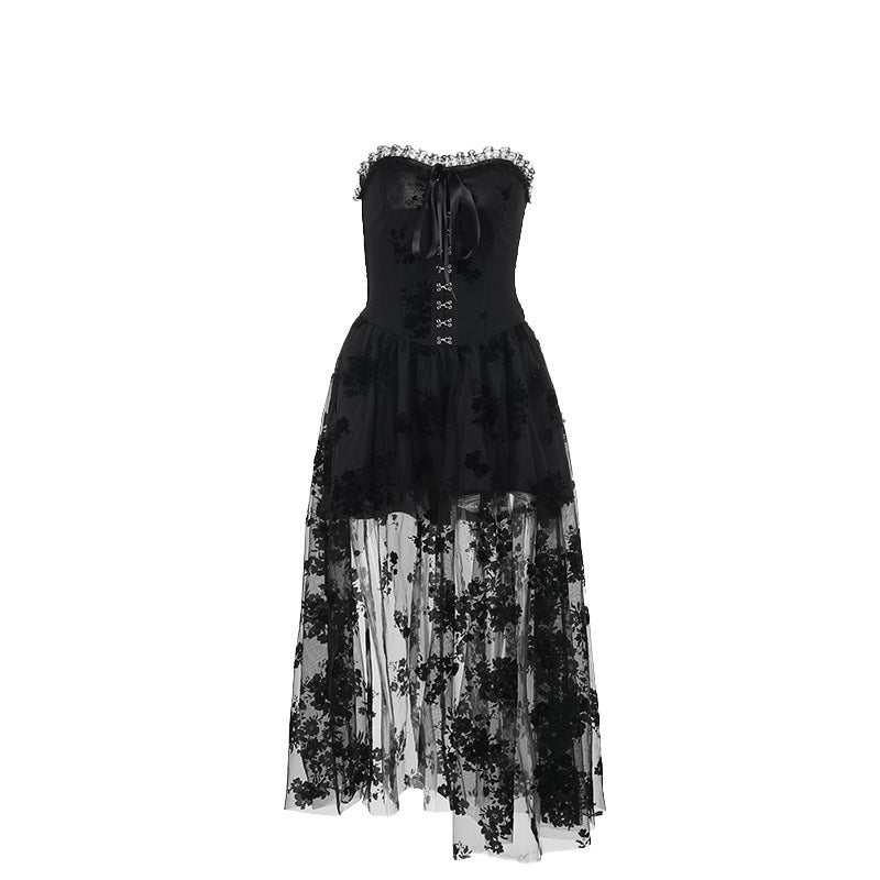 Vestido Largo Malla Oscura Gótica Un Hombro Slim Fit Negro Semitransparente