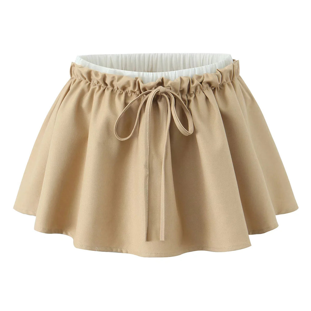High waisted fake two-piece color blocked pleated mini skirt