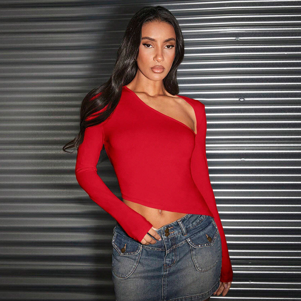 Women's sexy autumn and winter slanted neck short long sleeved top from Europe and America