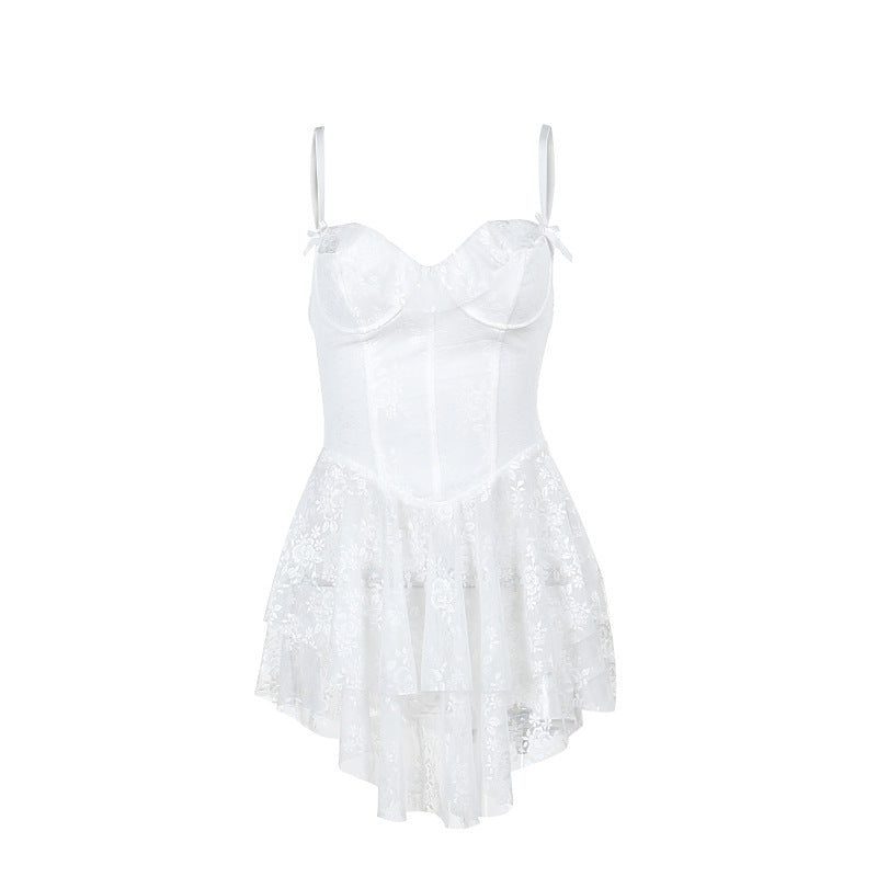 Strap Dress with Lace and Ruffle Design A-Line Dress