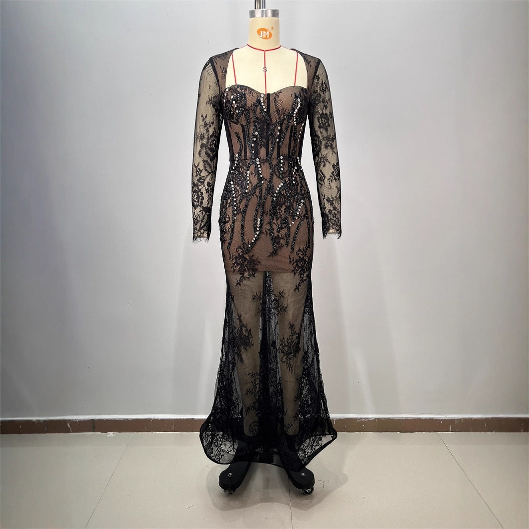 Vestido Largo Encaje Manga Tres Cuartos Escote V Ajustado Bordado Elaborado Elegante Fiesta Noche Mujer Negro