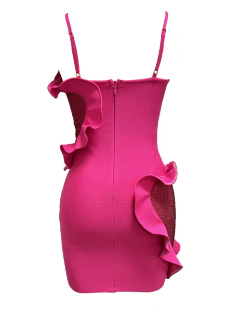 Vestido corto de verano para mujer con volantes sexis, corazón, diamantes de diseño, rosa, elegante para fiesta, club o noche.