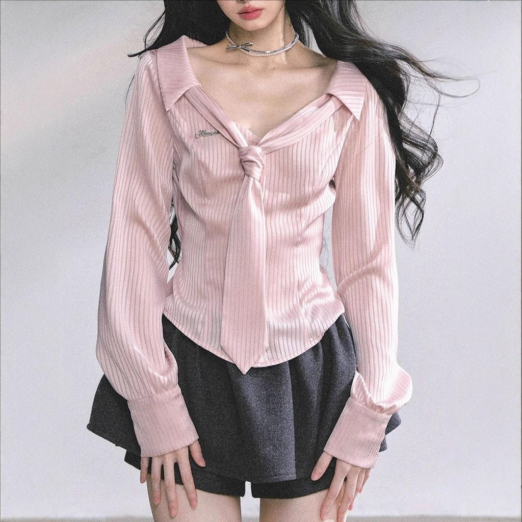 Striped Polo Collar Shirt Slim Fit Sweet Top