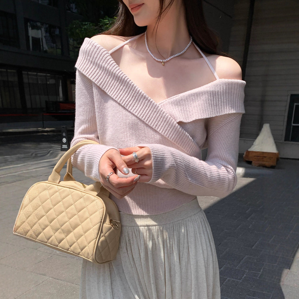 Blue Off-Shoulder Halter Knit Top for Women, Slim Fit, Pure Seductive Style