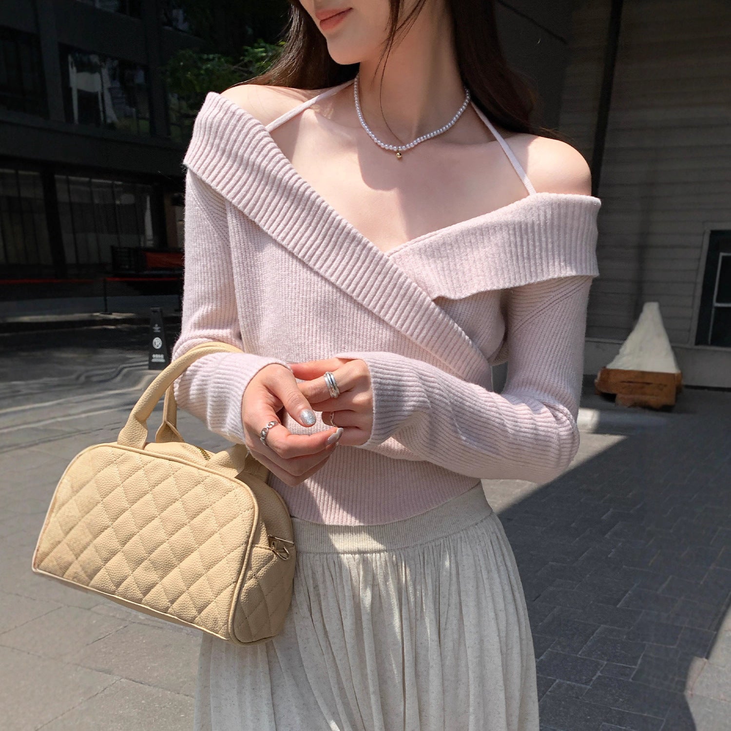 Blue Off-Shoulder Halter Knit Top for Women, Slim Fit, Pure Seductive Style