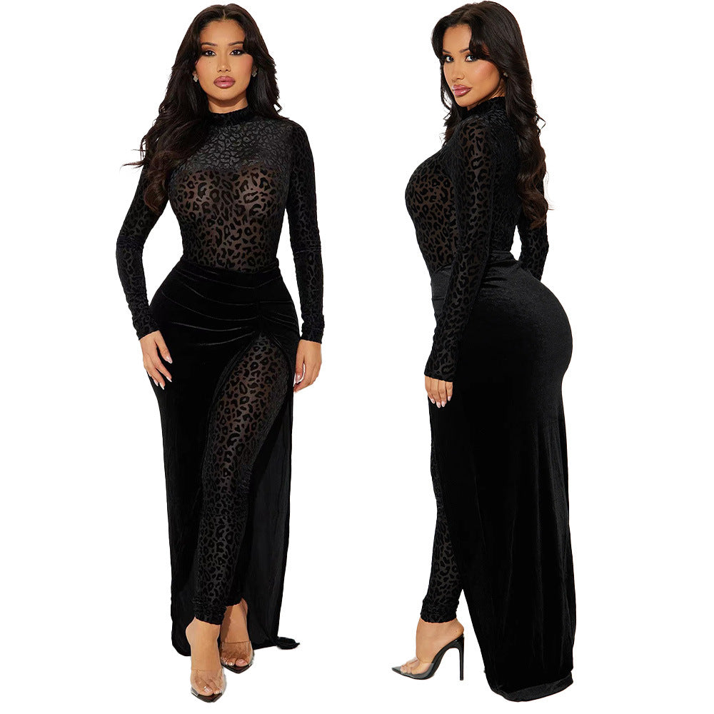 Conjunto Dos Piezas Felino Transparente Sexy Mansión Embrujada Manga Larga Negro