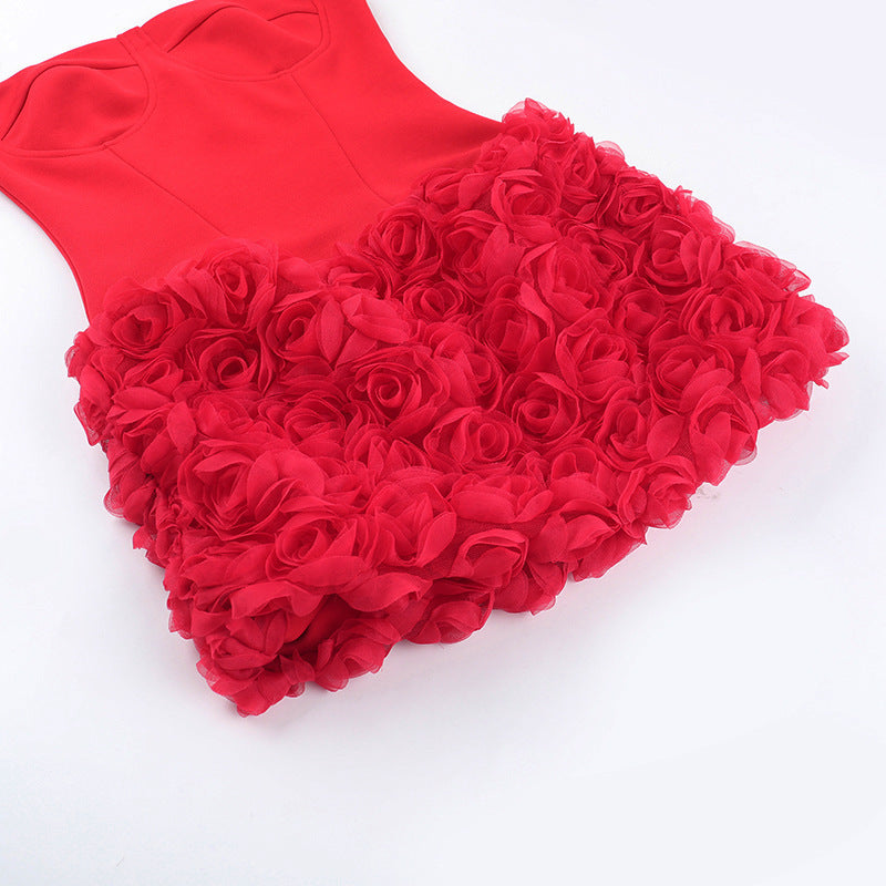 Vestido Corto Sin Tirantes Textura Floral 3D en Relieve Cremallera Mujer