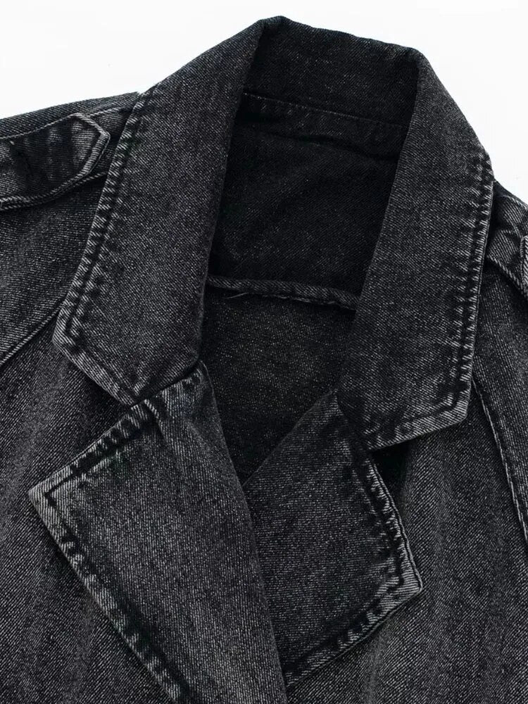 Chaqueta Vaquera Corta Denim Algodón Cinturón Manga Larga Solapa Bomber Streetwear Otoño Mujer