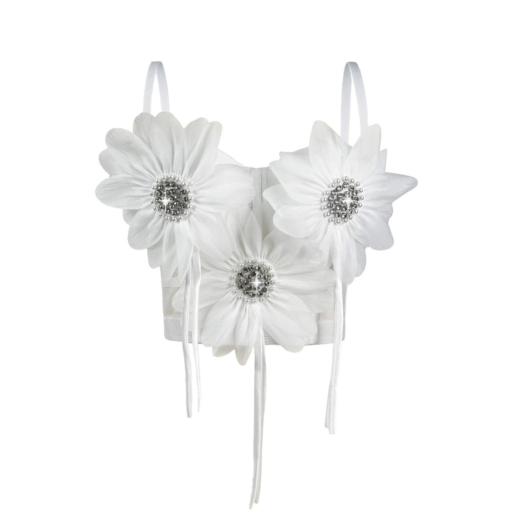 Top Bustier Flores 3D Pedrería Flecos Corpiño Mujer