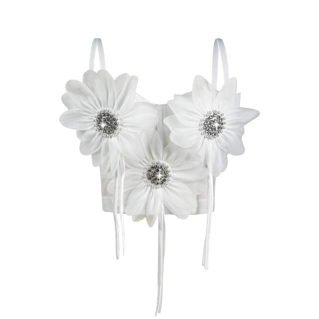 Top Bustier Flores 3D Pedrería Flecos Corpiño Mujer