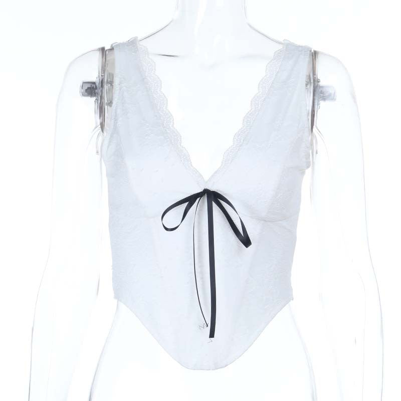 Top Encaje Cuello V Cinta Raso Sin Mangas Mujer