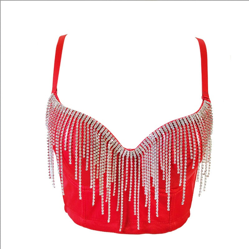 Top Strapless Strass Borlas Espalda Descubierta Sujetador Integrado Mujer
