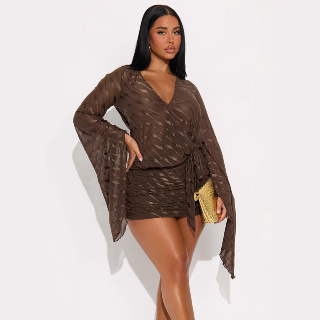 Wave Pattern Flared Sleeve Deep V-Neck Fitted Bodycon Dress