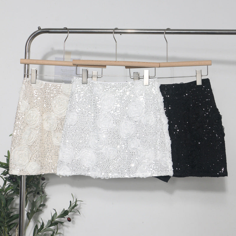 Three dimensional flower composite sequin wrapped hip skirt