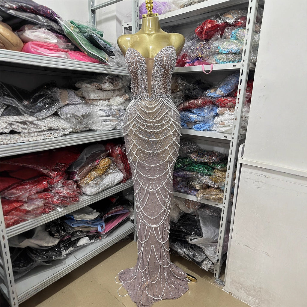 Vestido Largo Bodycon Sin Mangas Escote V Espalda Descubierta Cadenas Abalorios Elegante Noche Mujer