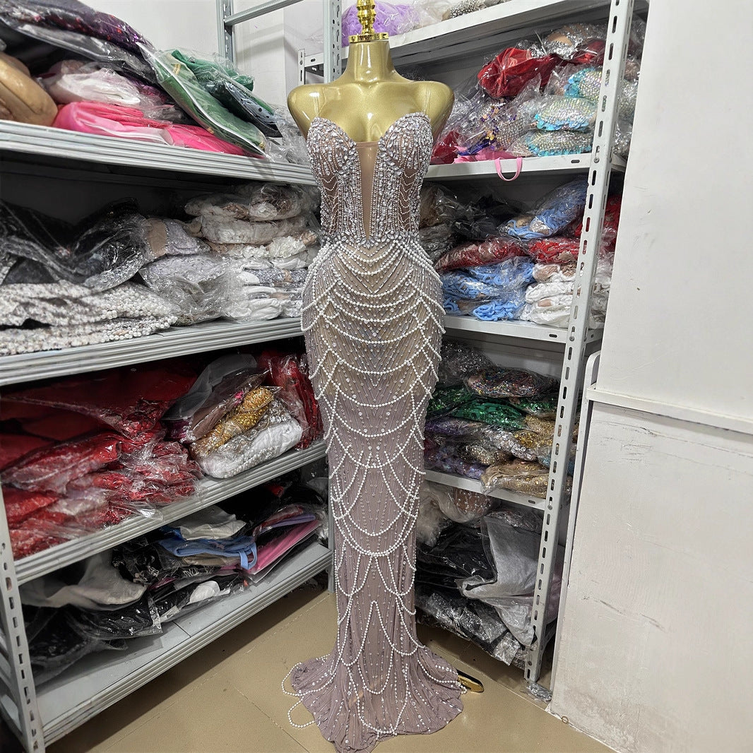 Vestido Largo Bodycon Sin Mangas Escote V Espalda Descubierta Cadenas Abalorios Elegante Noche Mujer