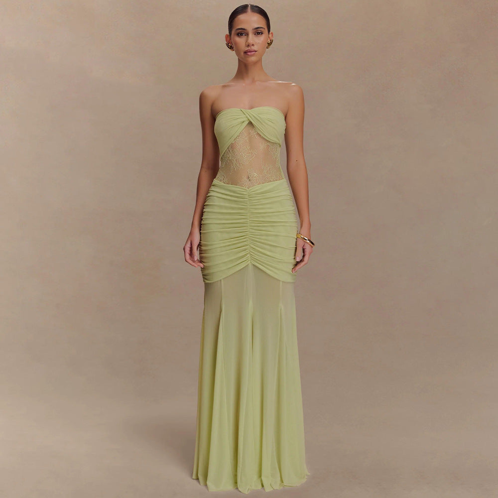 Vestido largo sin tirantes para mujer con pliegues y efecto transparente