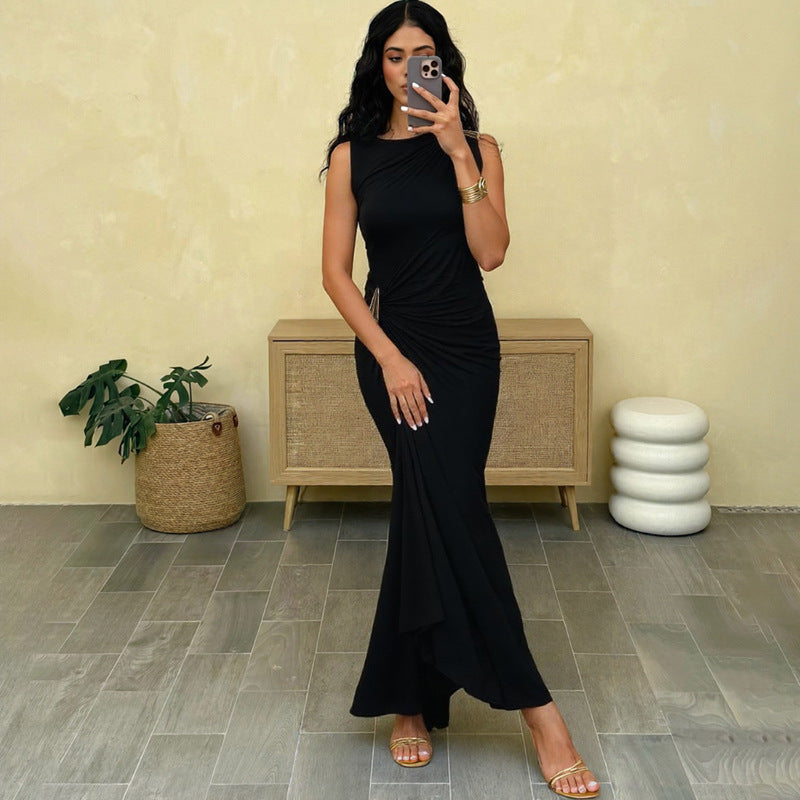 Fashionable Sexy Fitted Metallic Decorated Pleated Sleeveless Bodycon Dress