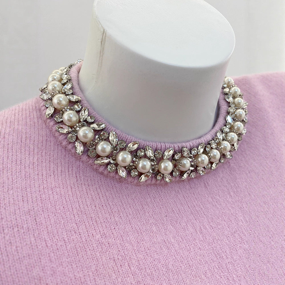 Chic Pearl and Rhinestone Embellished Round Neck French Sweet Girl Style Versatile Knit Sweater for Women