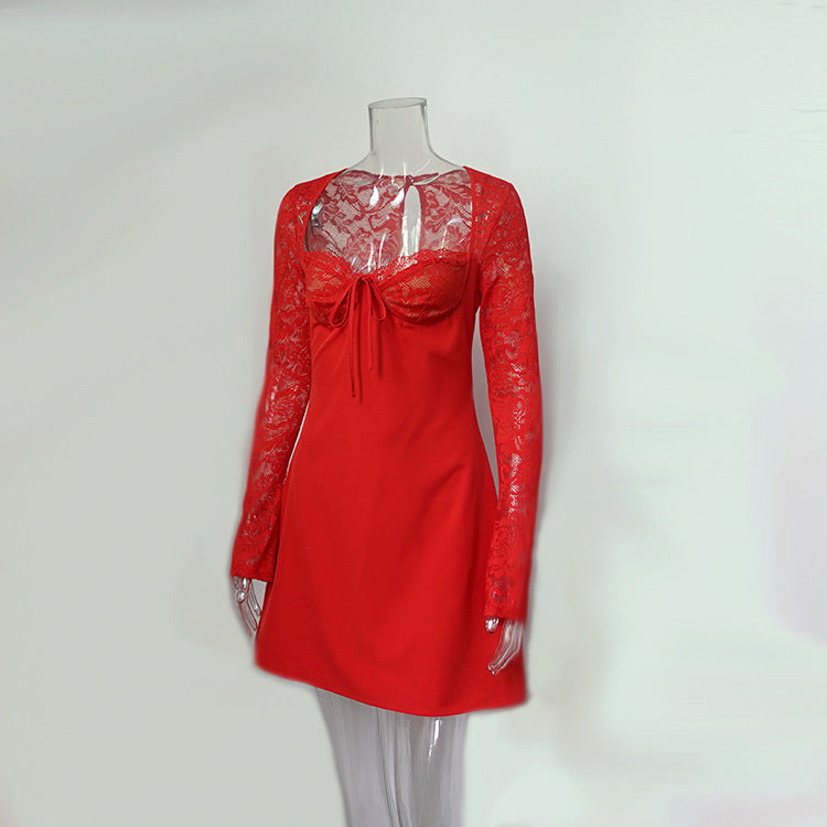 Vestido Corto Lápiz de Satén con Encaje Manga Larga Cintura Alta y Cintурón Mujer