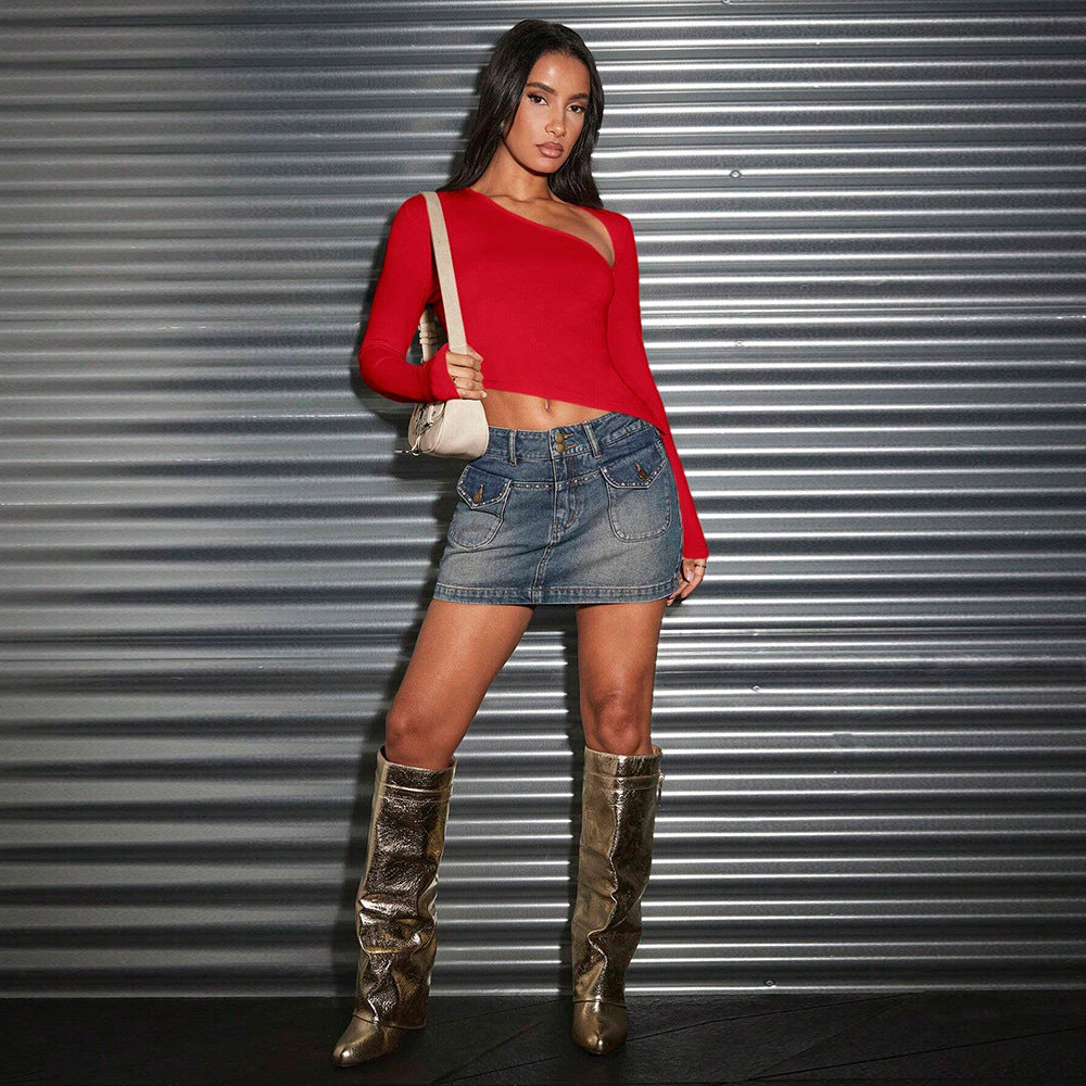 Women's sexy autumn and winter slanted neck short long sleeved top from Europe and America