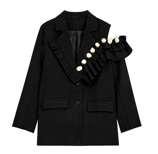Blazer Negro Holgado Calavera Gótica Cuello Ola Manga Larga Mujer