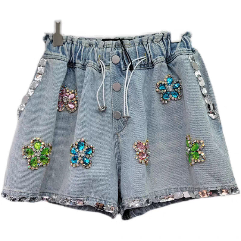 Denim shorts with Flower set with diamonds details elastic high waist loose fit and slimming effect