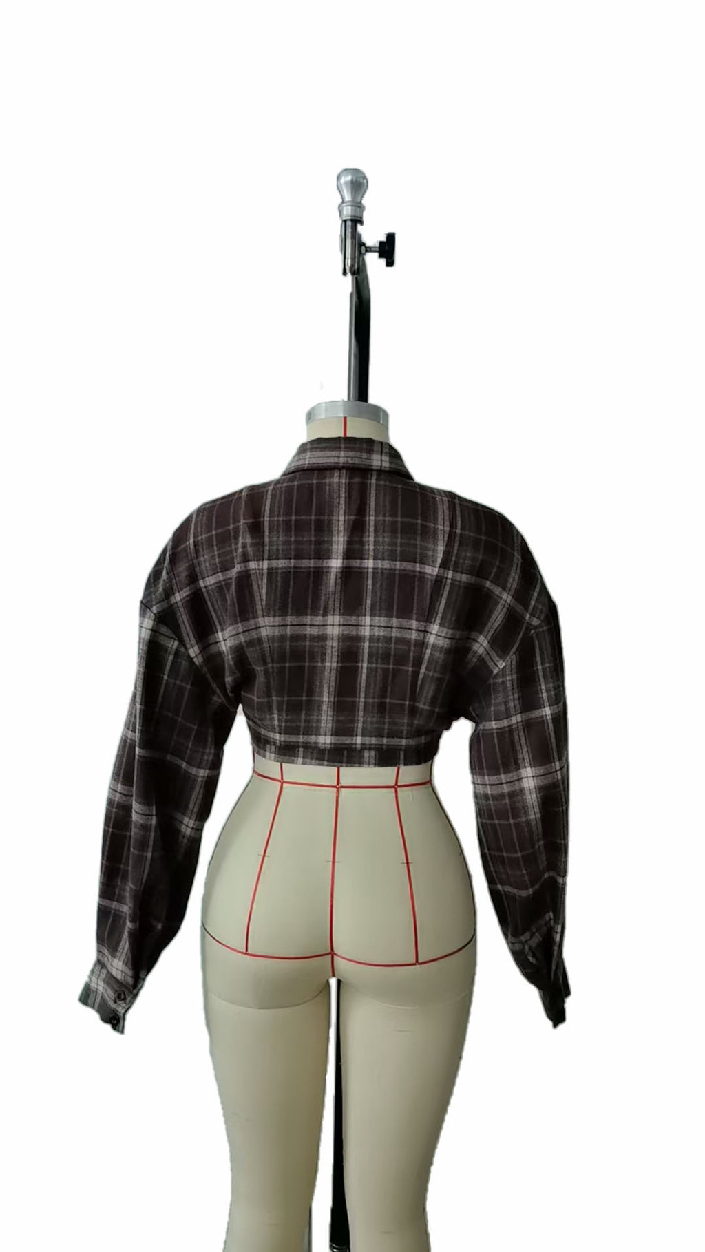 Camisa Corta Cuadros Azul y Khaki Manga Larga Bajo Asimétrico
