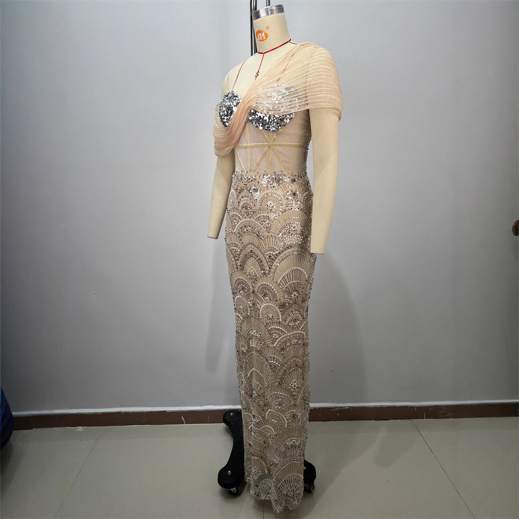 Vestido Largo Bodycon Un Hombro Sin Mangas Malla Empalmada Lentejuelas Sexy Elegante Fiesta Mujer Albaricoque