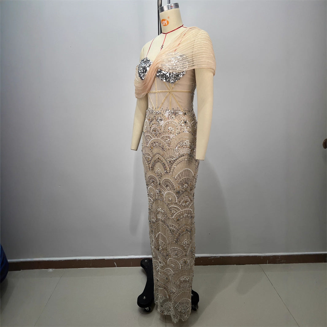Vestido Largo Bodycon Un Hombro Sin Mangas Malla Empalmada Lentejuelas Sexy Elegante Fiesta Mujer Albaricoque