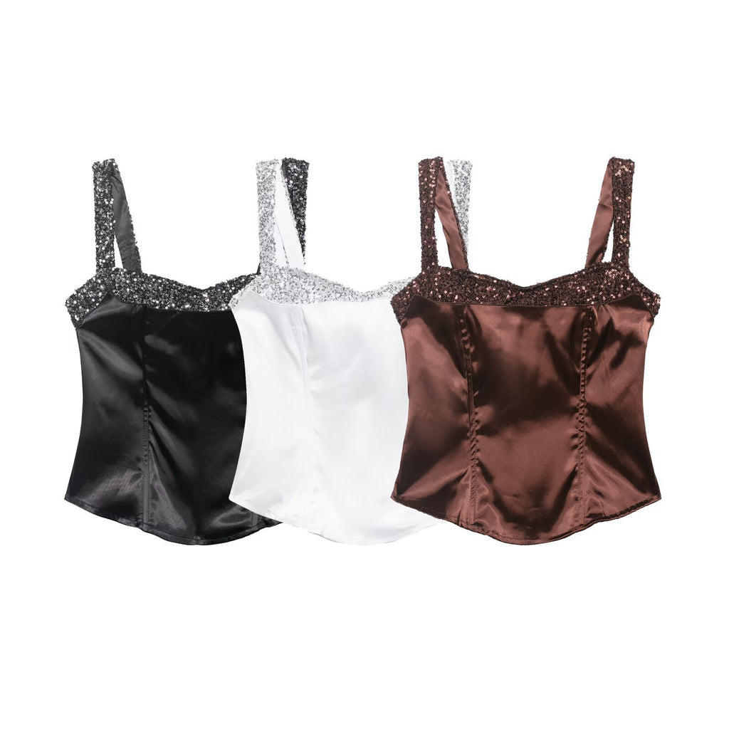 Sequin Spliced Sleeveless Crop Top for Women