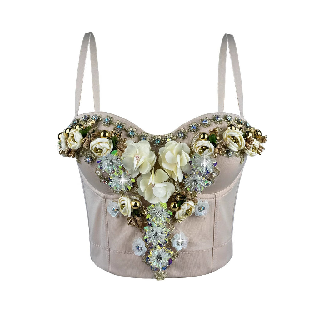 Top Corsé de pedrería con flores estilo europeo y americano