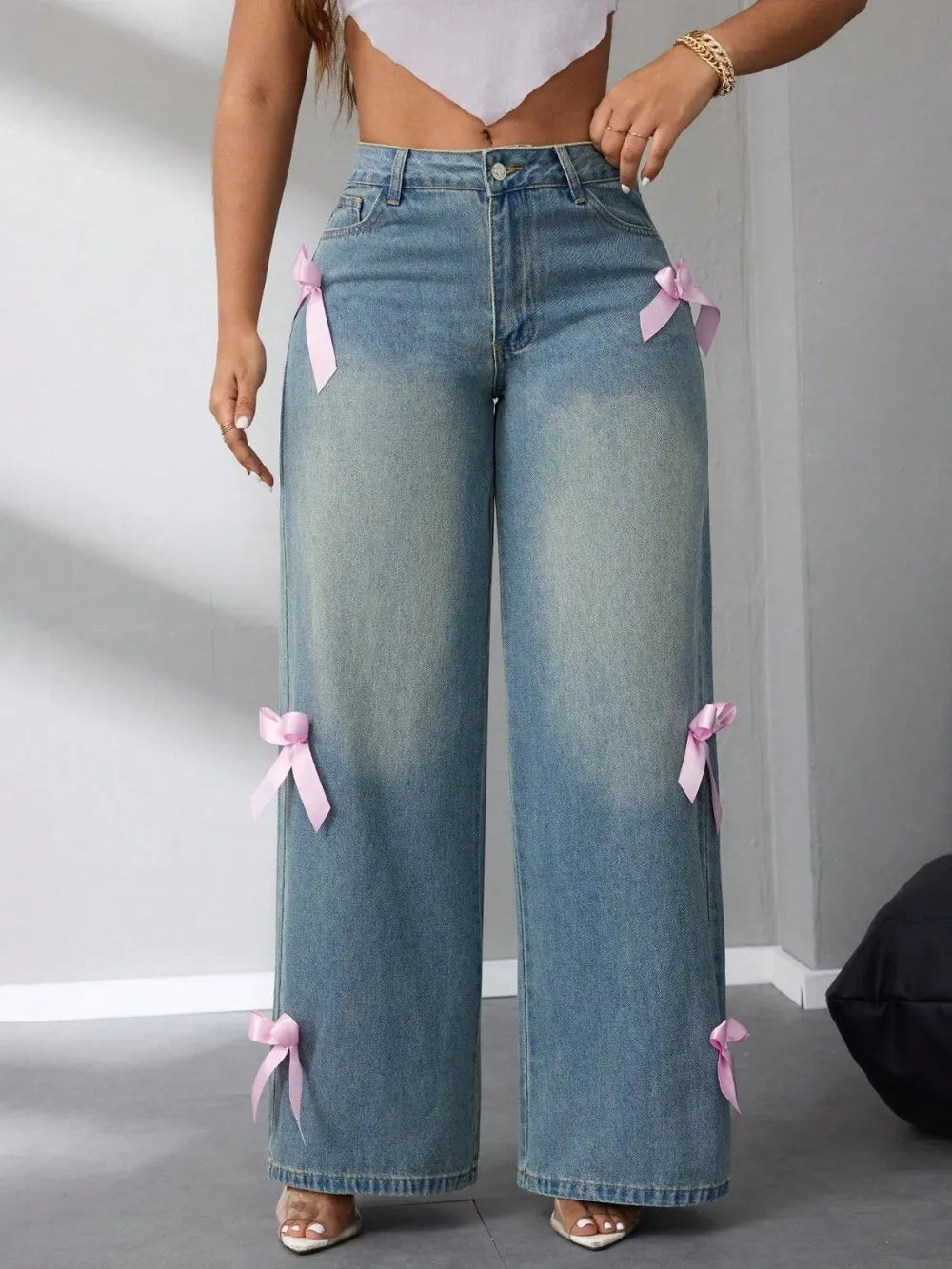 Vaquero Pierna Ancha Talle Alto Lazo Bolsillos Botones Denim Mujer
