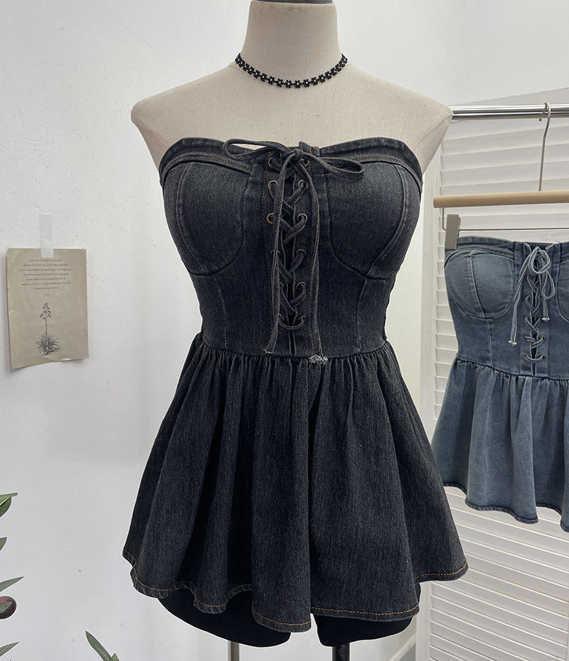 Strapless denim vest with rope tie and sleeveless top