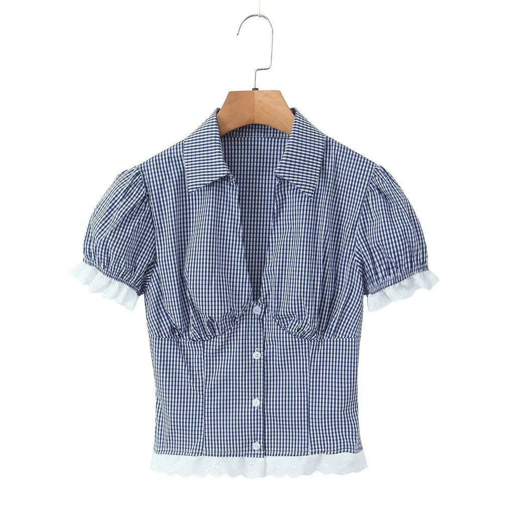 Conjunto Dos Piezas Camisa Cuadros Manga Tres Cuartos Botones Mini Falda Encaje Poliéster Casual Mujer