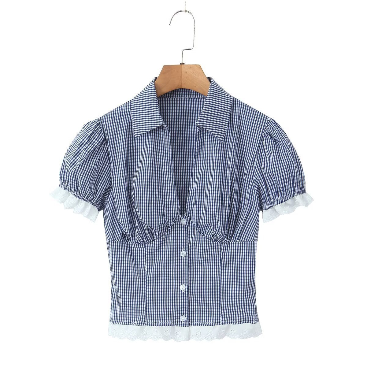Conjunto Dos Piezas Camisa Cuadros Manga Tres Cuartos Botones Mini Falda Encaje Poliéster Casual Mujer