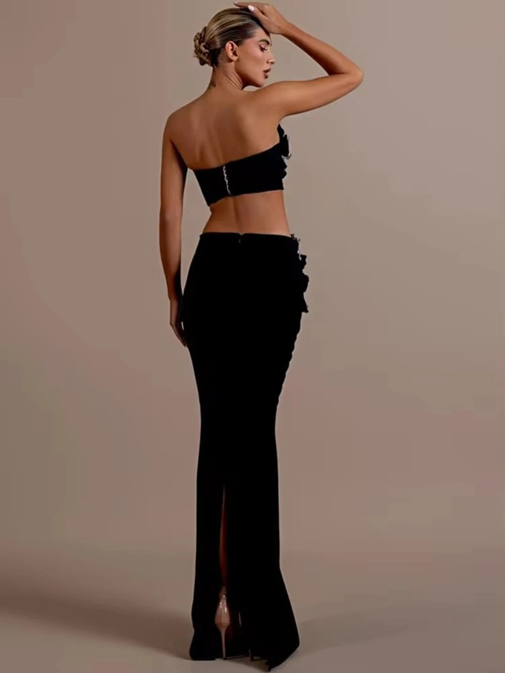 Top corto y falda larga con tirantes, flores, diamantes y cristales para mujer. Conjunto de dos piezas con vendaje. Vestido elegante para fiesta de noche.