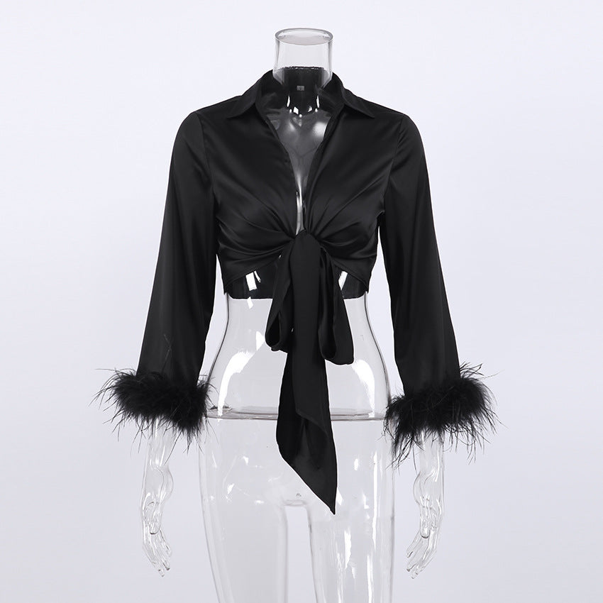 New Feather Shirt European Beauty Fashion Long Sleeve Satin Lace Short Puff Sleeve Top
