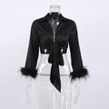 New Feather Shirt European Beauty Fashion Long Sleeve Satin Lace Short Puff Sleeve Top