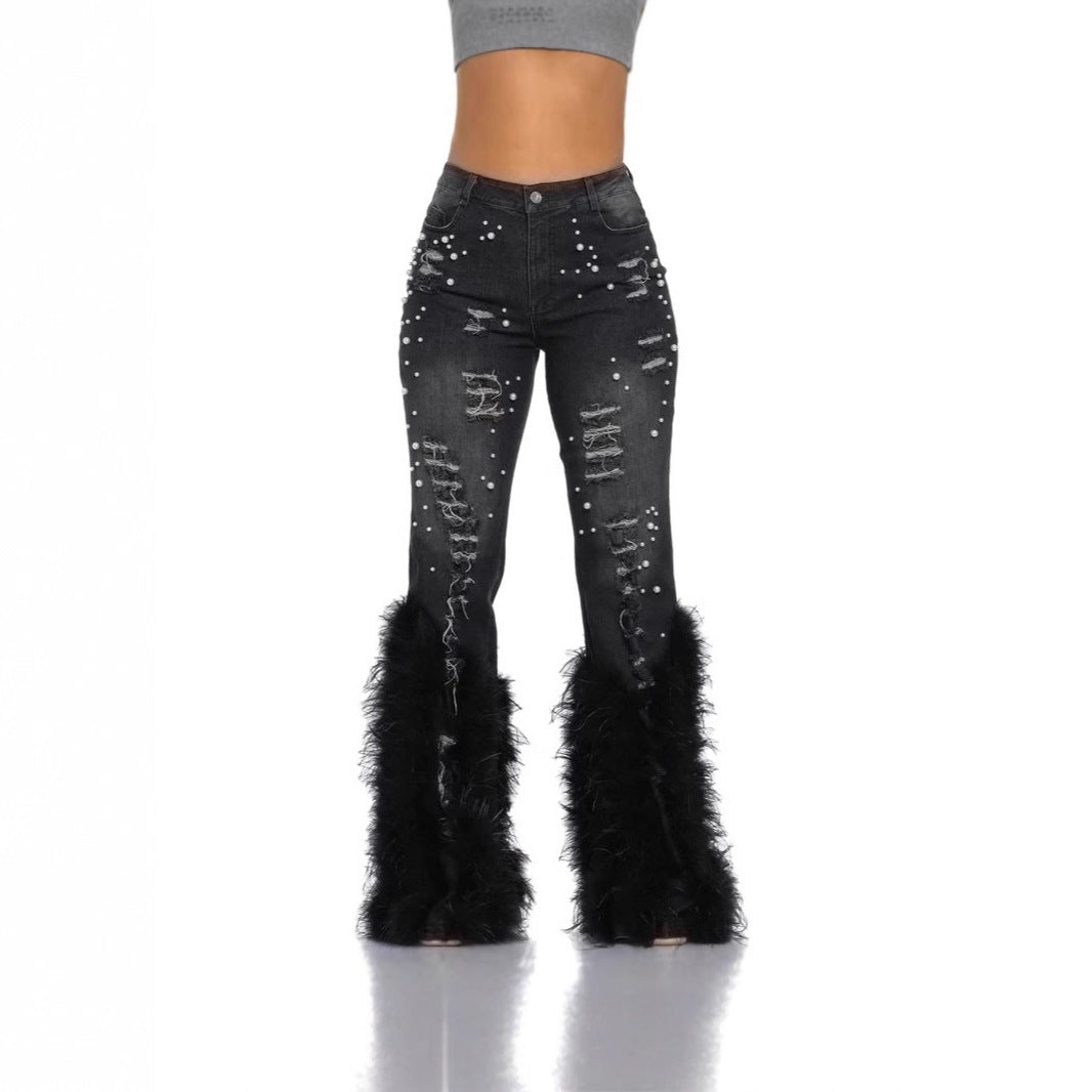 Vaquero Recto Talle Medio Abalorios Flecos Largos Streetwear Americano Mujer
