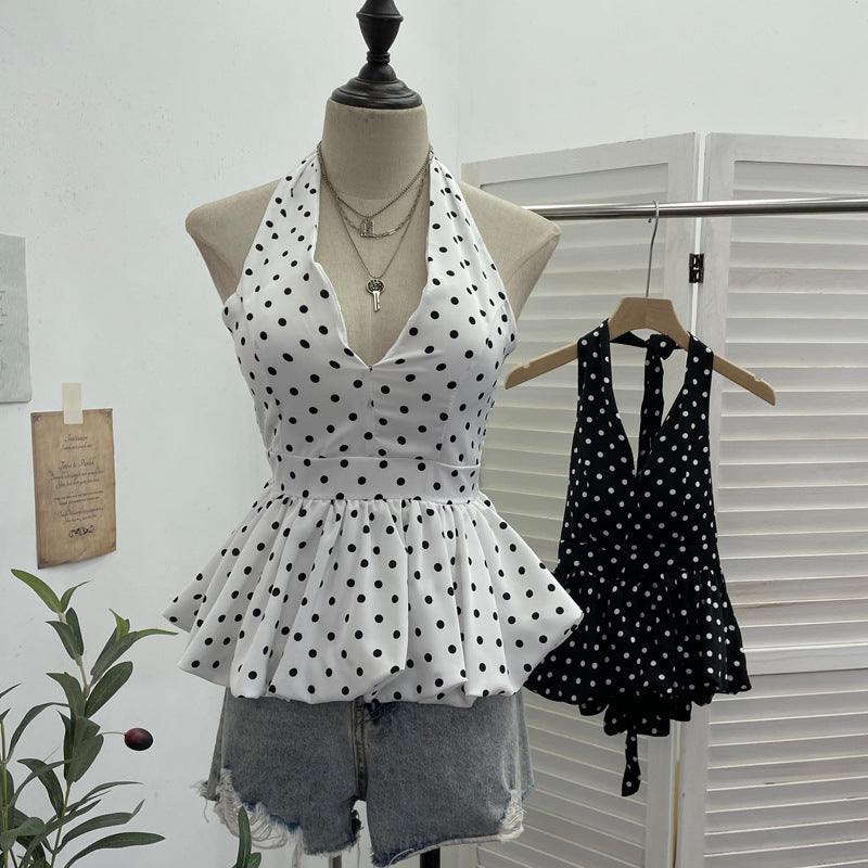 Backless neck tied polka dot top