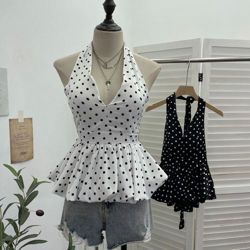 Backless neck tied polka dot top