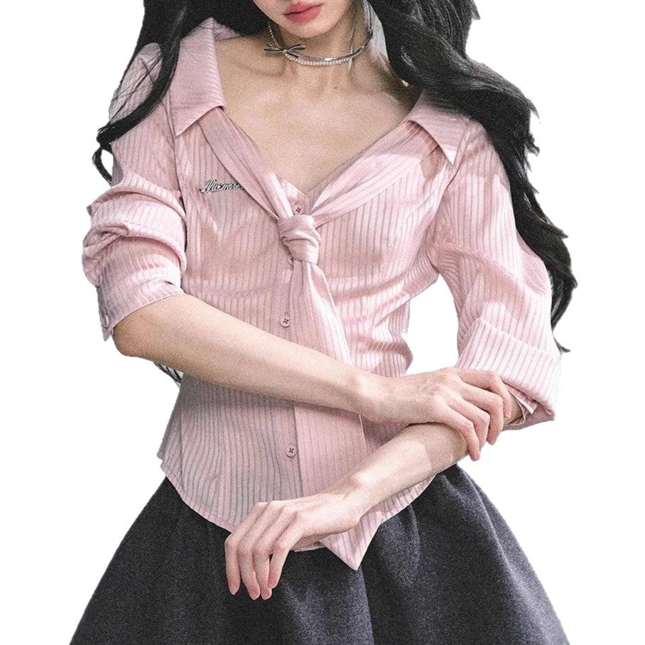 Striped Polo Collar Shirt Slim Fit Sweet Top