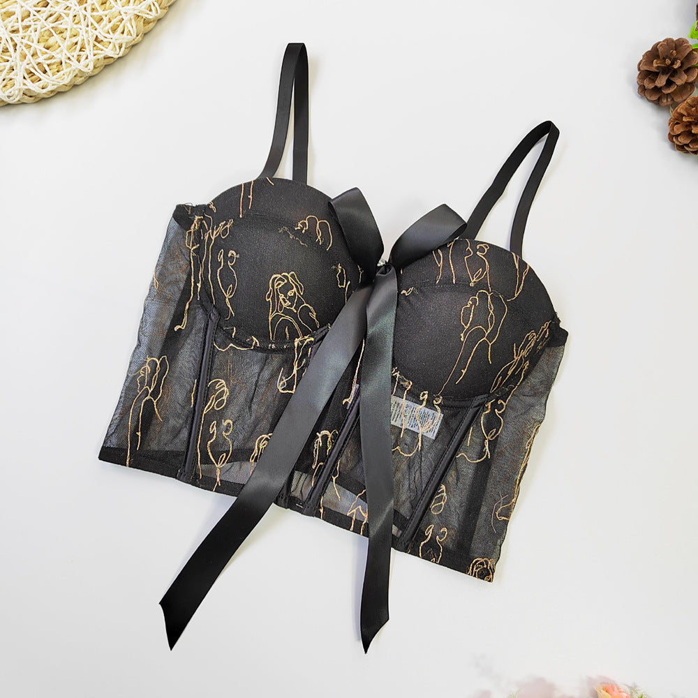 Top de tirantes de moda con dulces flores, crop top con corsé de malla bordada para mujer, elegante para fiestas, discotecas, bustier de estilo urbano y ropa festiva.