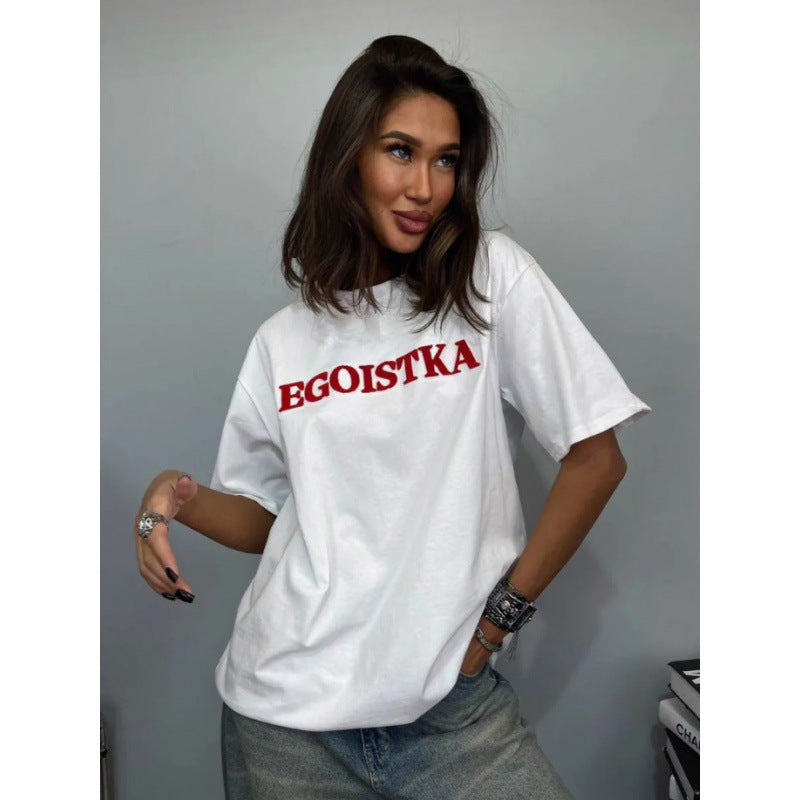 Camiseta ancha de manga corta con cuello redondo y estampado de letras