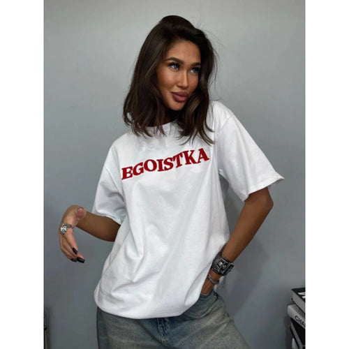 Camiseta ancha de manga corta con cuello redondo y estampado de letras